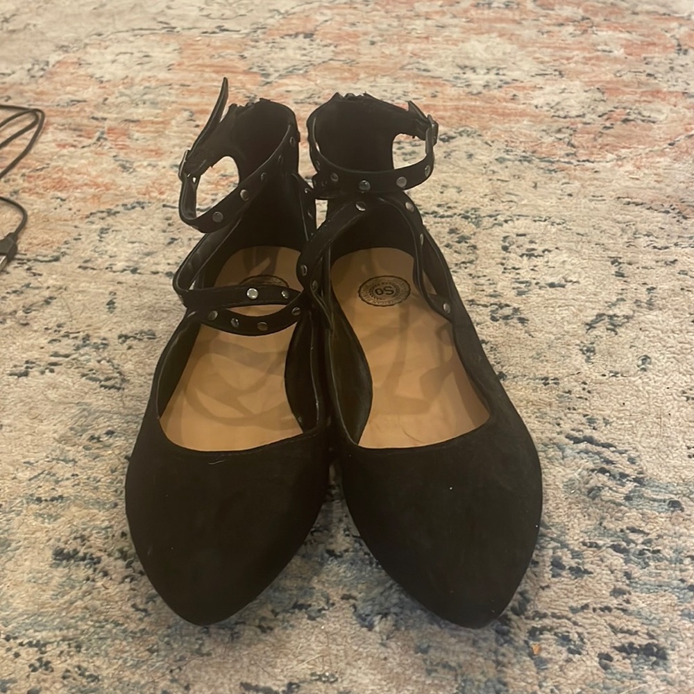 BLACK SUEDE FLATS WITH STUDDED STRAPS
